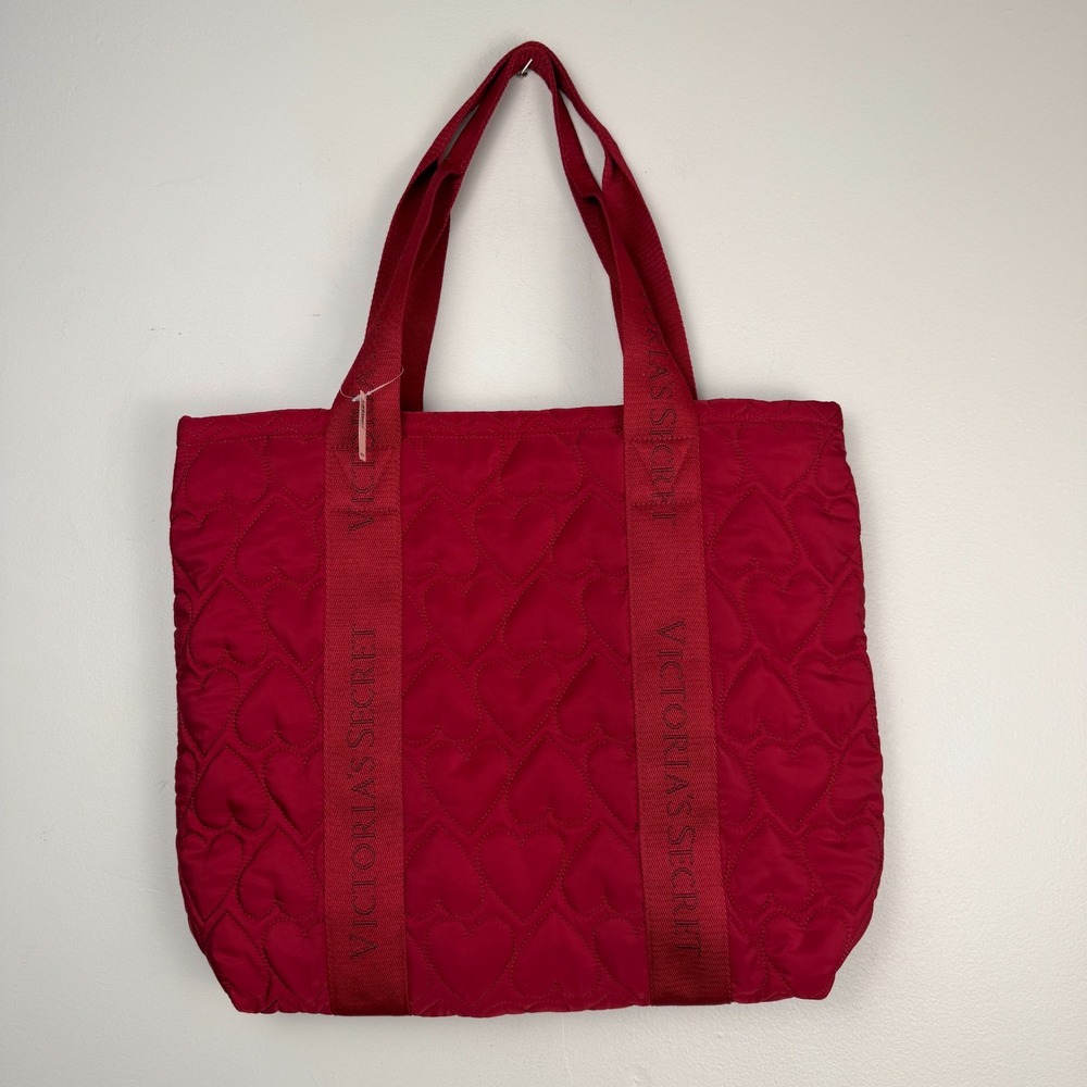 Victoria's Secret Pink Quilted Heart Puffer Tote Bag Womens Red Weekender Travel